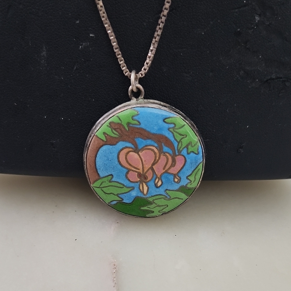 Sterling Silver Cloisonne Bleeding Heart/Tree Of Life Pendant Necklace